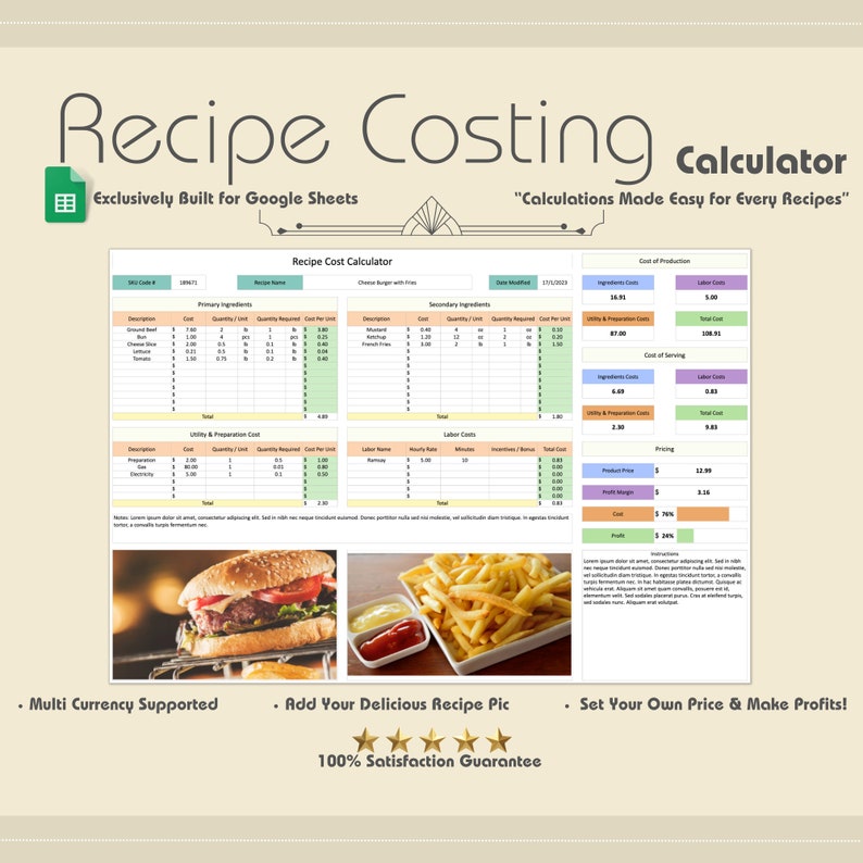 Recipe Cost Calculator for Cooking & Baking, Google Sheets, Recipe