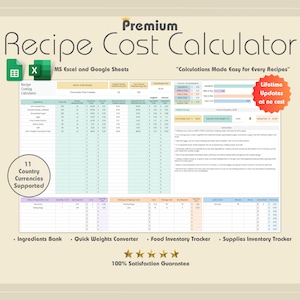 Calculadora de Custo de Receita Premium para Cozinhar e Assar, MS Excel, Preço de Receita, Planilha de Receita, Calculadora de Lucro, Calculadora de Custo de Alimentos