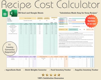 Calculadora de costos de recetas premium para cocinar y hornear, MS Excel, precio de recetas, hoja de cálculo de recetas, calculadora de ganancias, calculadora de costos de alimentos