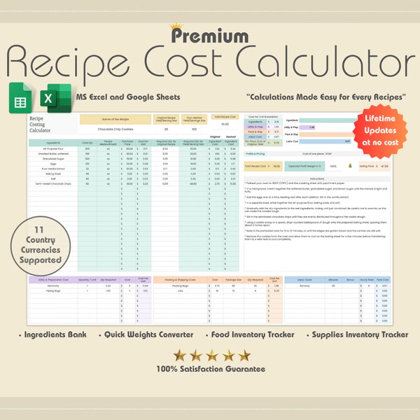 Premium Recipe Cost Calculator for Cooking & Baking, MS Excel, Recipe Price, Recipe Spreadsheet, Profit Calculator, Food Cost, Food Prices