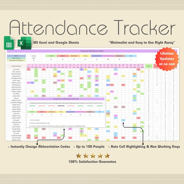 2024 Employee Attendance Tracker, MS Excel, Attendance Spreadsheet, Employee Schedule, Leave, Absence, Early Out, Late In, Theme 1