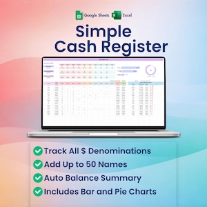 Caja registradora Google Sheets Excel Rastreador de caja Contador de denominaciones Registro de efectivo del empleado Balance general