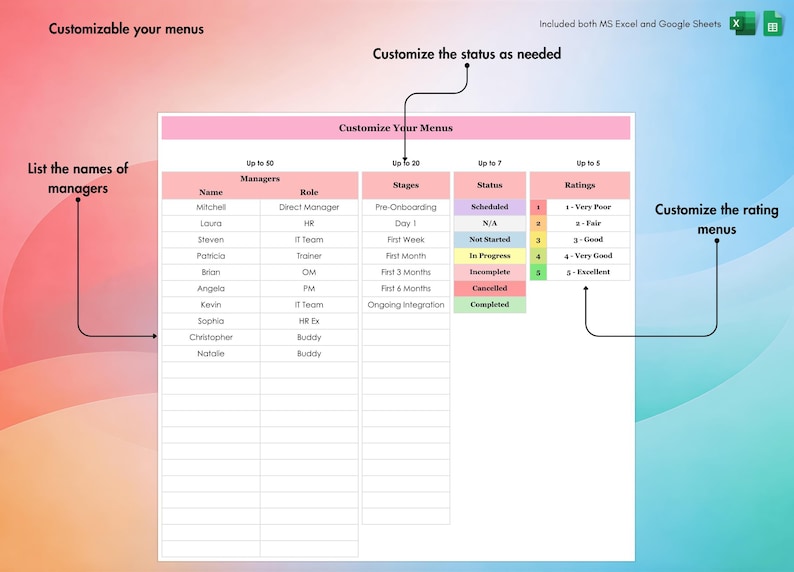 New Hire Onboarding Checklist, Excel, Google Sheets, Employee Process, HR Templates, Hiring Plan, Theme 2