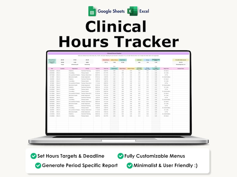 Clinical Hours Tracker, LCSW Supervision Log, Counseling Internship, Practicum, Therapy Spreadsheet Template