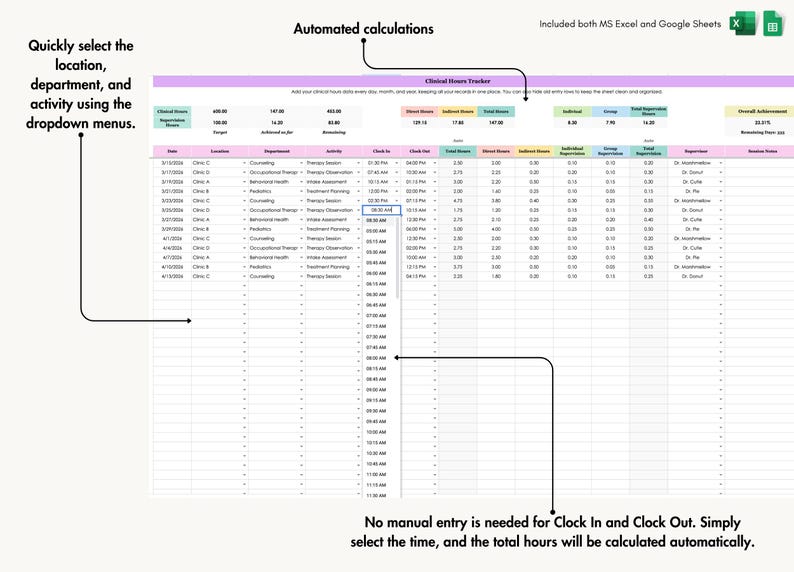 Clinical Hours Tracker, LCSW Supervision Log, Counseling Internship, Practicum, Therapy Spreadsheet Template
