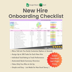 Liste de contrôle d'intégration des nouveaux employés, Excel, feuilles de calcul Google, processus employé, modèles RH, plan de recrutement, thème 1