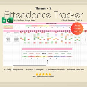 2025 Employee Attendance Tracker, Google Sheets, Attendance Spreadsheet, Employee Schedule, Leave, Absence, Early Out, Late In, Theme 2