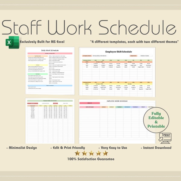 Horaire de travail des employés, 4 modèles d'employés modifiables. Horaire de travail quotidien, hebdomadaire, planification des quarts de travail, gestion du personnel, horaire hebdomadaire,