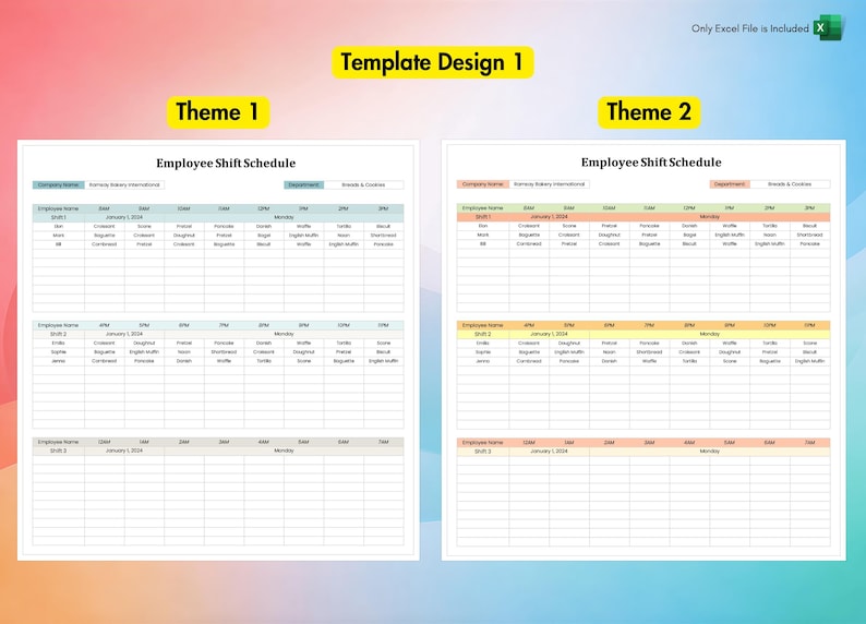 Employee Work Schedule for Excel | 4 Different Designs Spreadsheet Templates Included