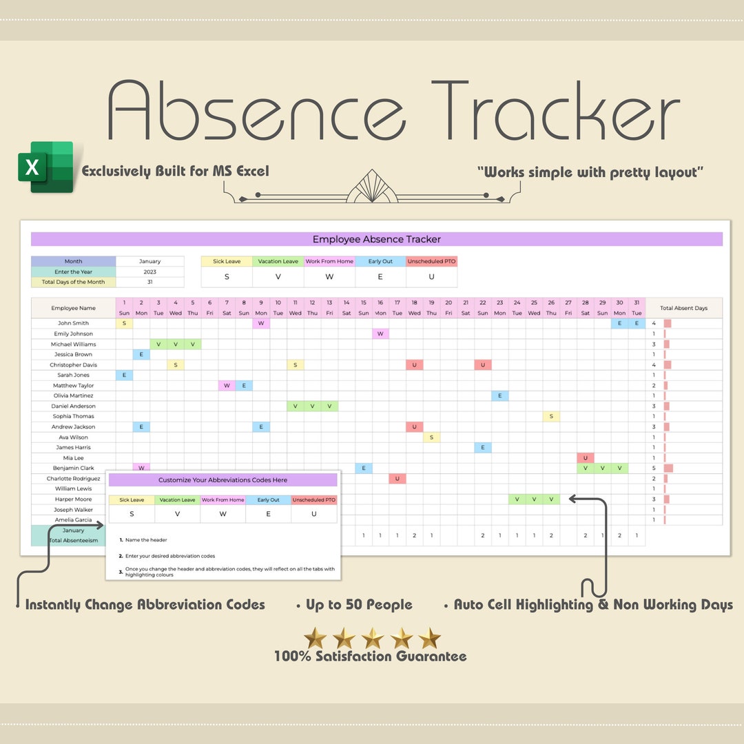 2024 Employee Absence Tracker, MS Excel, Leave Tracker, Vacation
