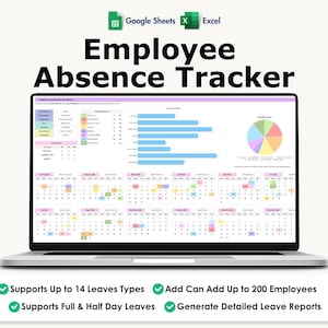 Controle de Ausências de Funcionários, Excel, Planilhas Google, 14 Menus, Calendário de Férias da Equipe, Registro de Férias do RH