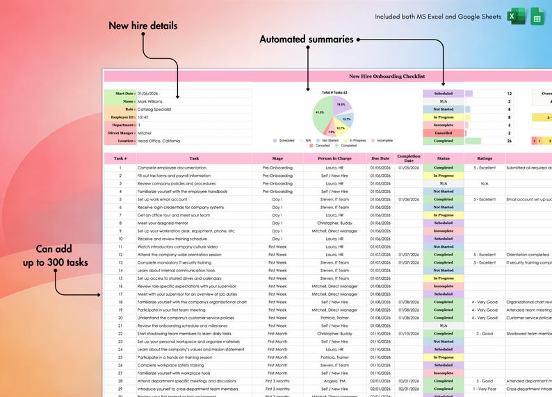New Hire Onboarding Checklist, Excel, Google Sheets, Employee Process, HR Templates, Hiring Plan, Theme 2