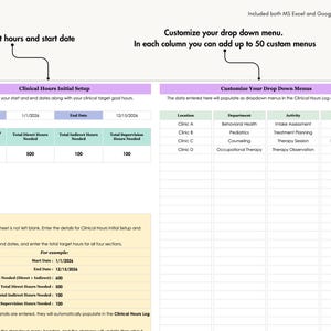 Clinical Hours Tracker, LCSW Supervision Log, Counseling Internship, Practicum, Therapy Spreadsheet Template