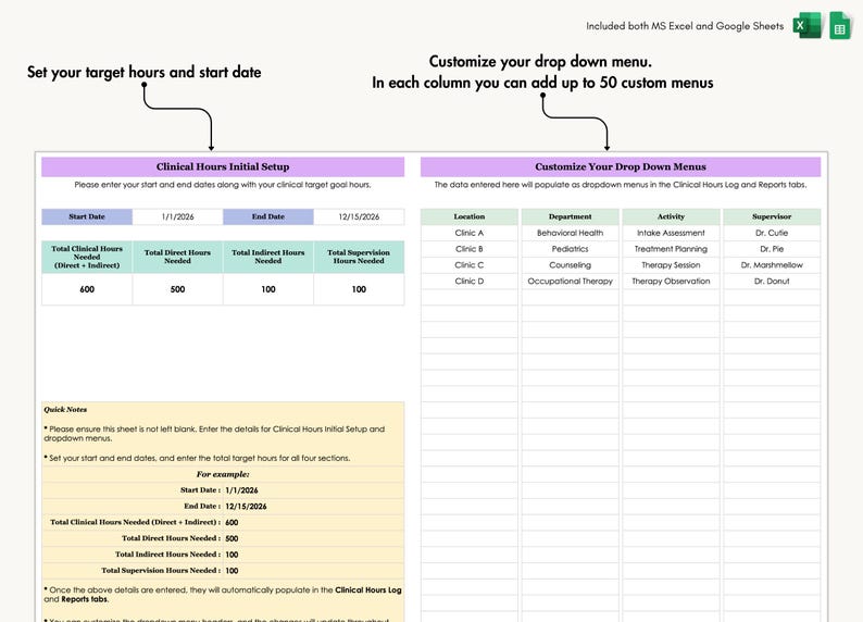Clinical Hours Tracker, LCSW Supervision Log, Counseling Internship, Practicum, Therapy Spreadsheet Template