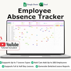 Employee Absence Tracker, Excel, Google Sheets, PTO, Time off, Vacation Tracker