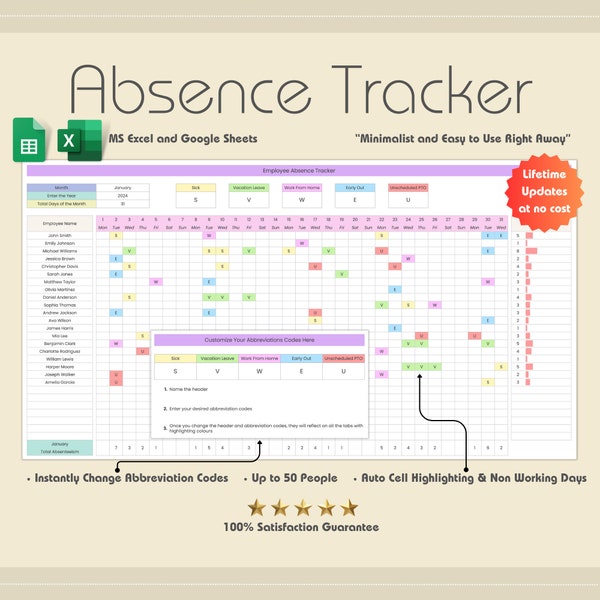 2024 Employee Absence Tracker, Google Sheets, Leave Tracker, Vacation Planner, Leave Management, Staff Tracker, Time off Theme 1