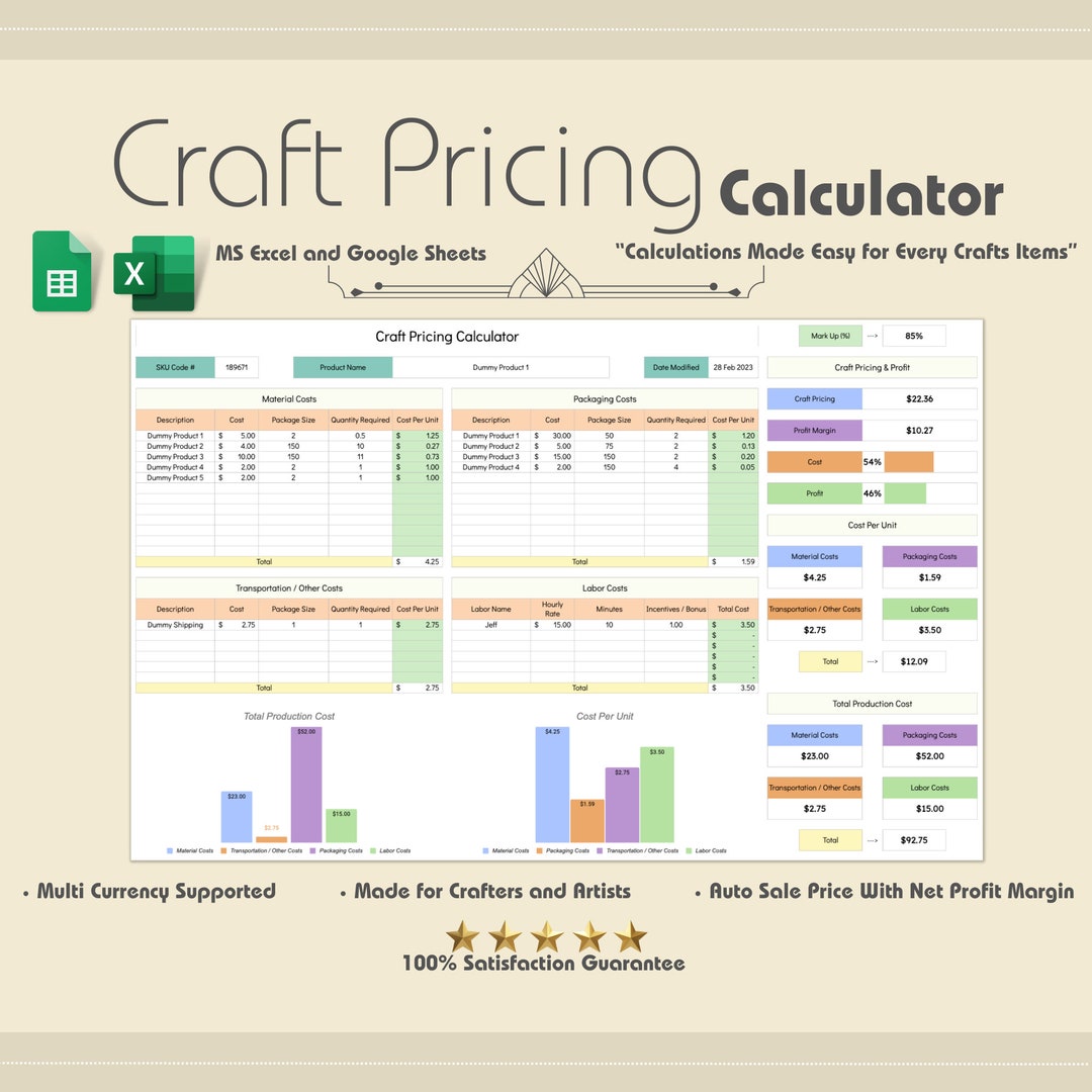 Craft Pricing Calculator, Google Sheets, Artists, Artisans, Designers