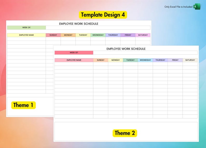 Employee Work Schedule for Excel | 4 Different Designs Spreadsheet Templates Included