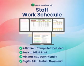 Horario de trabajo de los empleados para Excel / Incluye 4 plantillas de hoja de cálculo con diseños diferentes