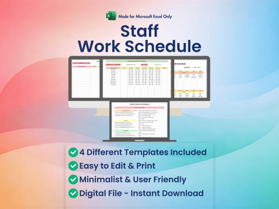 Employee Work Schedule for Excel | 4 Different Designs Spreadsheet Templates Included