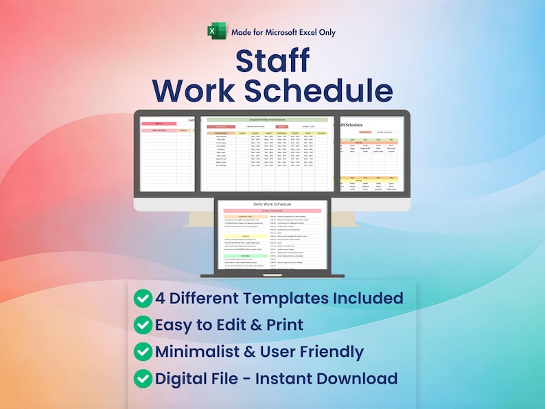 Employee Work Schedule for Excel | 4 Different Designs Spreadsheet Templates Included