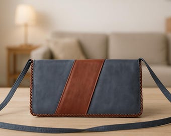 Umhängetasche aus Leder - Navy blau/dunkelbraun