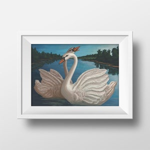 Peinture CYGNE, art acrylique cygnes, décoration murale oiseau, cygnes nageant