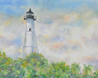 May include: A watercolor painting of a white lighthouse with a black roof and a black lantern room. The lighthouse is surrounded by green trees and a cloudy blue sky.