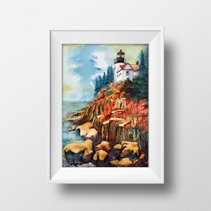 Lighthouse painting, Bass Harbor Lighthouse, lighthouse watercolor print, lighthouse landscape scene, coastal lighthouse