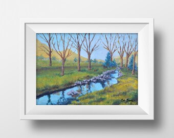 川の風景画プリント、小川の風景水彩画、川の水彩画、森の絵画