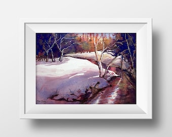 Aquarel sneeuwlandschap, aquarel sneeuwlandschap, aquarel print winterlandschap, aquarel winterlandschap