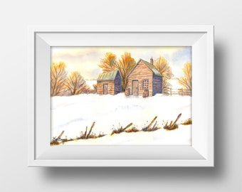 Aquarel sneeuwlandschap, aquarel print sneeuwlandschap, aquarel print winterlandschap, aquarel besneeuwde hut