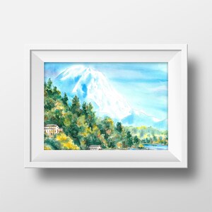 Mountain Watercolor Painting of Mount Rainier WA, LAKESIDE Art Print