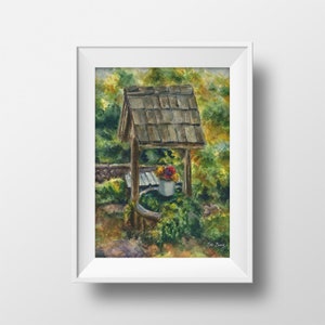 May include: Watercolor painting of a wooden well with a shingled roof, surrounded by lush green foliage. A white bucket with colorful flowers sits on the well's edge.