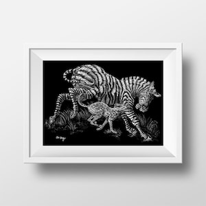 May include: A black and white pen and ink drawing of a zebra and a smaller animal, possibly a wolf or a coyote, in a grassy field. The zebra is running away from the smaller animal, which is chasing it.