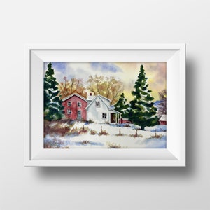 Snow Christmas watercolor print, snow Christmas watercolor painting, snow Christmas painting, white Christmas watercolor painting, country