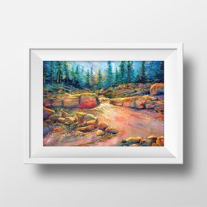 Yellowstone Fluss im Yellowstone National Park Aquarell Malerei Kunstdruck von Bob Berry, SONNENUNTERGANG am FLUSS