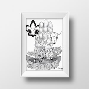 Puede incluir: Ilustración en blanco y negro de una mano haciendo el signo de Boy Scout, con una calavera, un pájaro y el emblema de Boy Scout. El texto "BE PREPARED" está en una pancarta debajo de la mano.