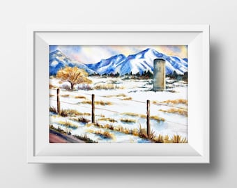 Snow landscape watercolor painting, snow landscape watercolor print, winter landscape watercolor print, winter landscape watercolor painting