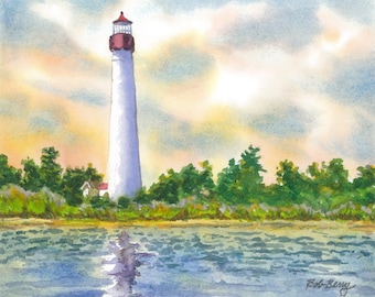 May include: A watercolor painting of a white lighthouse with a red roof, standing tall against a blue sky with fluffy white clouds. The lighthouse is reflected in the calm blue water in the foreground.