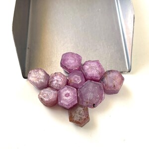 May include: A collection of small, raw, hexagonal-shaped pinkish-purple corundum crystals with visible natural striations and crystalline structures, resting in front of a metallic silver-colored scoop with a smooth, reflective surface.