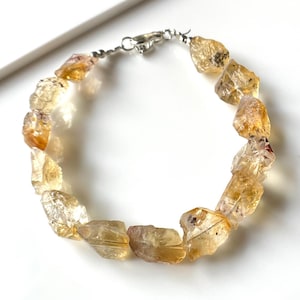 Pulsera curativa de citrino natural en bruto, pulsera de cristal de citrino amarillo natural en bruto de 10-13 mm, pulsera de plata Starling 92.5, regalo para ella.