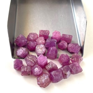 May include: A collection of small, raw, pinkish-red ruby crystals with irregular, faceted surfaces. The stones are scattered and piled together, with some resting inside a metallic silver-colored scoop and others spilling out onto a white surface.