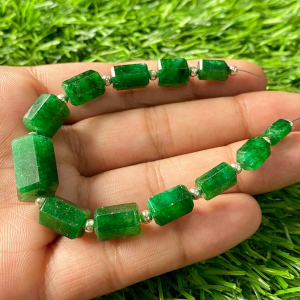 Center Drilled Natural Emerald Beads Pencil Rough, 10-14 MM Raw Emerald Healing Crystal Gemstone, March Birthstone, Gift For her