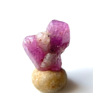 Op de afbeelding: Een roze robijnkristal met een ruwe, natuurlijke uitstraling. Het kristal is geperst op een kleine, ronde, beige steen.