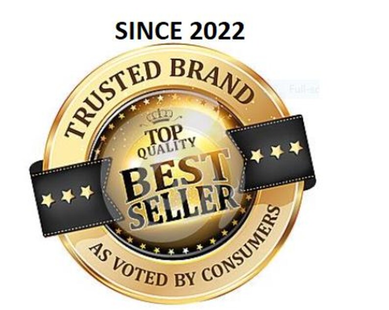 May include: A gold badge with the text "Trusted Brand" and "Best Seller" in a black ribbon with gold stars. The badge also includes the text "Top Quality" and "As Voted By Consumers".