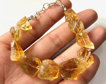 AAA+Genuine Citrine Beads Bracelet, 8-12  MM AAA+ Natual Yellow Citrine Rough Crystal Bracelet, 92.5 Sterling Silver Bracelet, Gift For Her