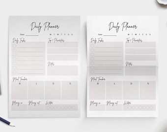 May include: Two printable daily planner pages with sections for daily tasks, top 3 priorities, notes, meal tracker, money in, money out, and water intake. Each page has a gray gradient background.