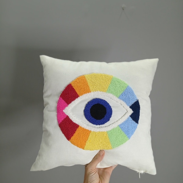 Punch Needle Evil Eye Pillow Case, Evil Eye Bead Pillow Cover, Evil Eye Decor, Good Luck Gift, Embroidery Throw Pillow