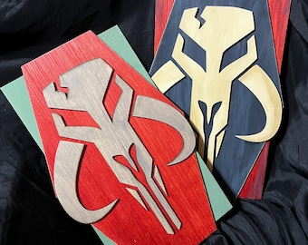 Mythosaur Sheild Wall Hanging - Hand Painted Rustic Mandalorian Mythosaur Symbol Wall Art
